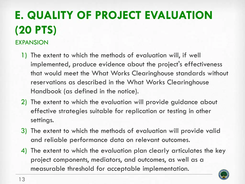 e quality of project evaluation 20 pts expansion