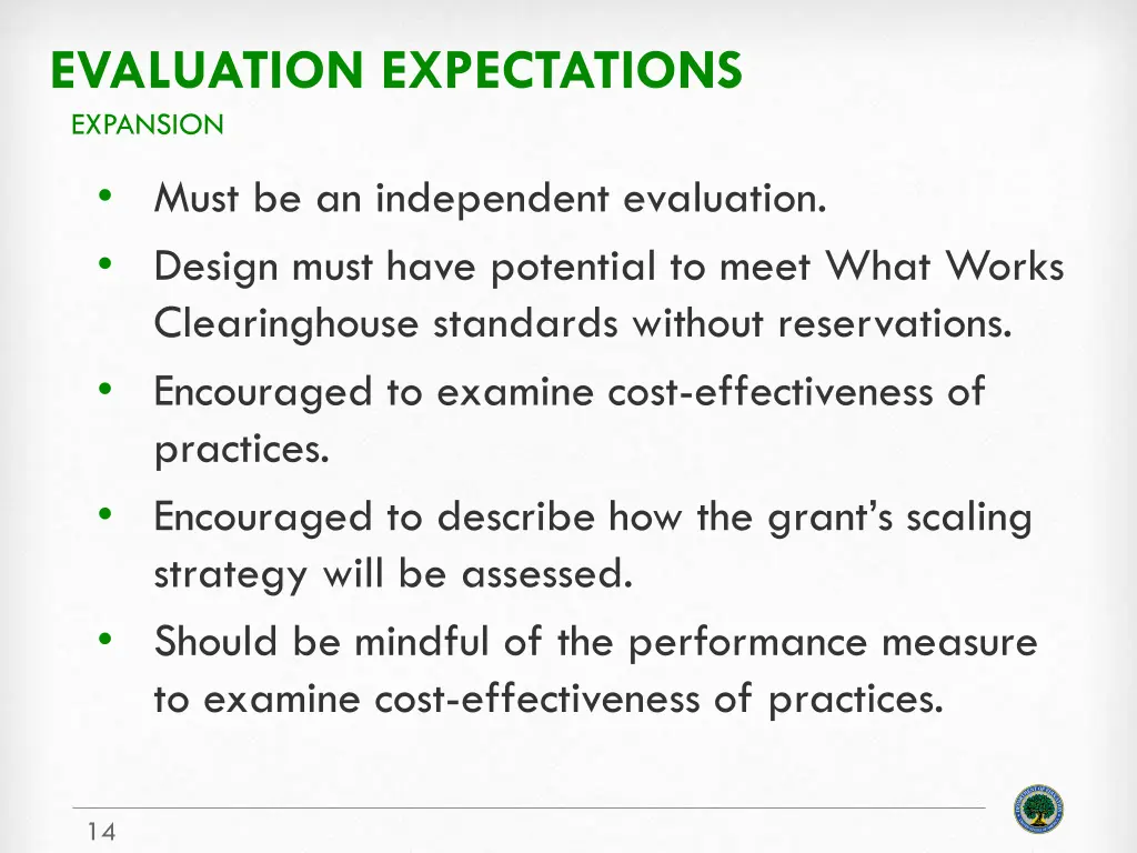 evaluation expectations expansion