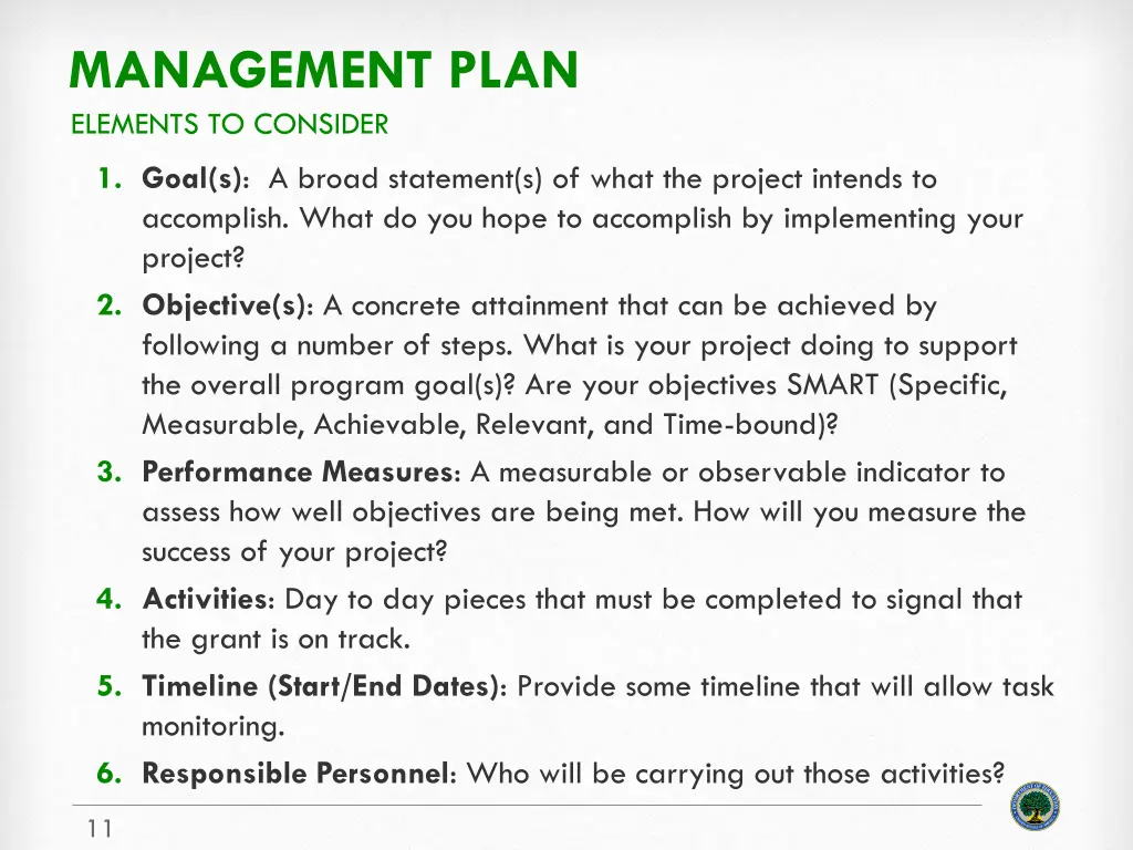 management plan elements to consider
