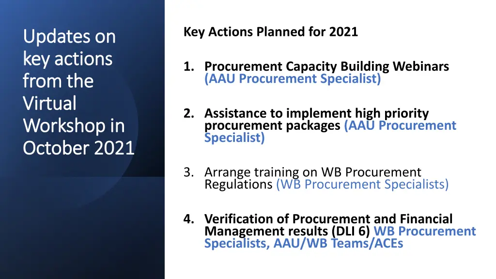 key actions planned for 2021