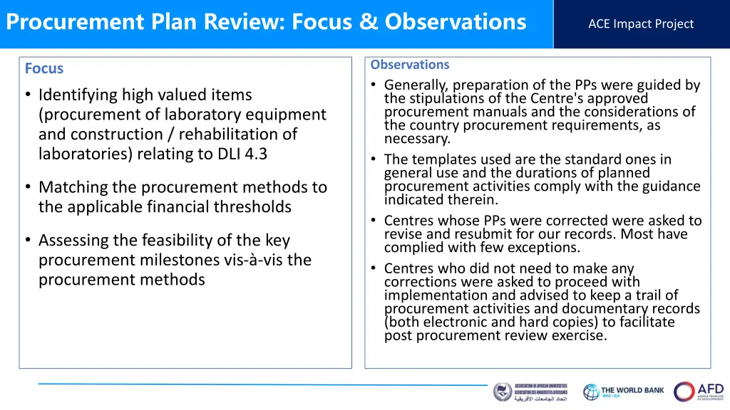 procurement plan review focus observations