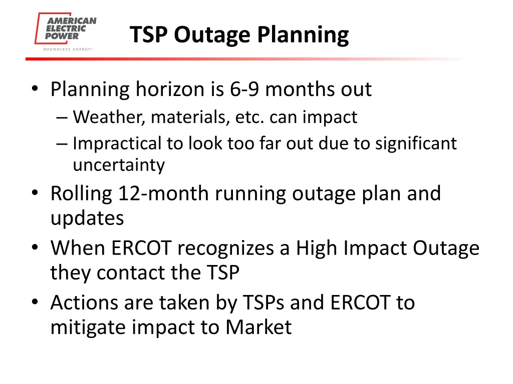 tsp outage planning