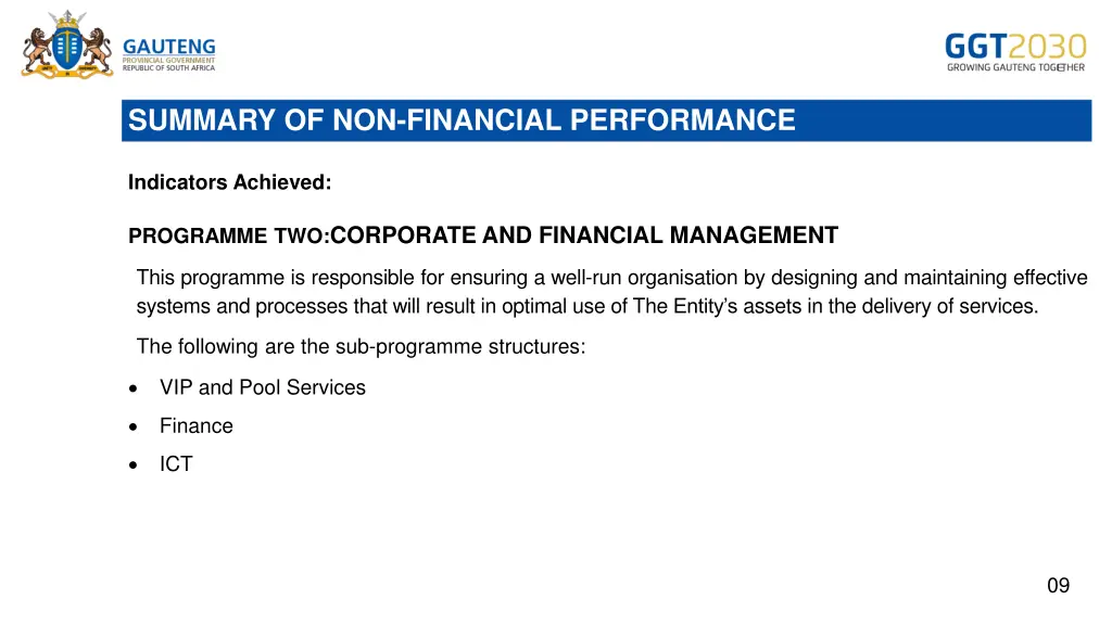summary of non financial performance 2