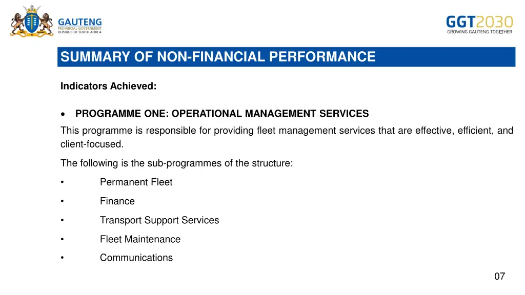summary of non financial performance