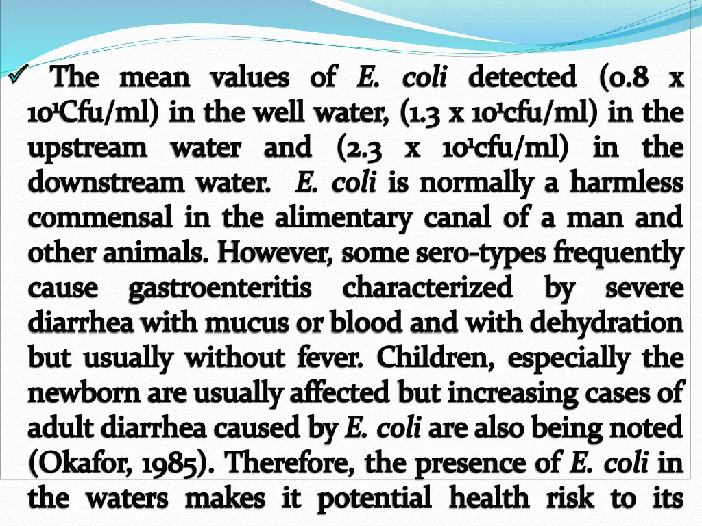 the mean values of e coli detected