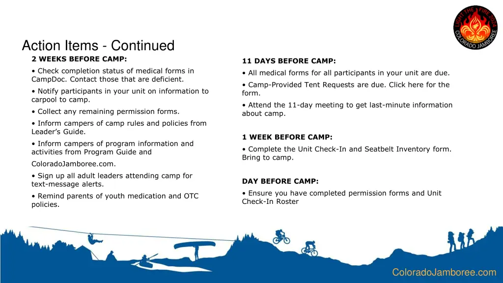 action items continued 2 weeks before camp check