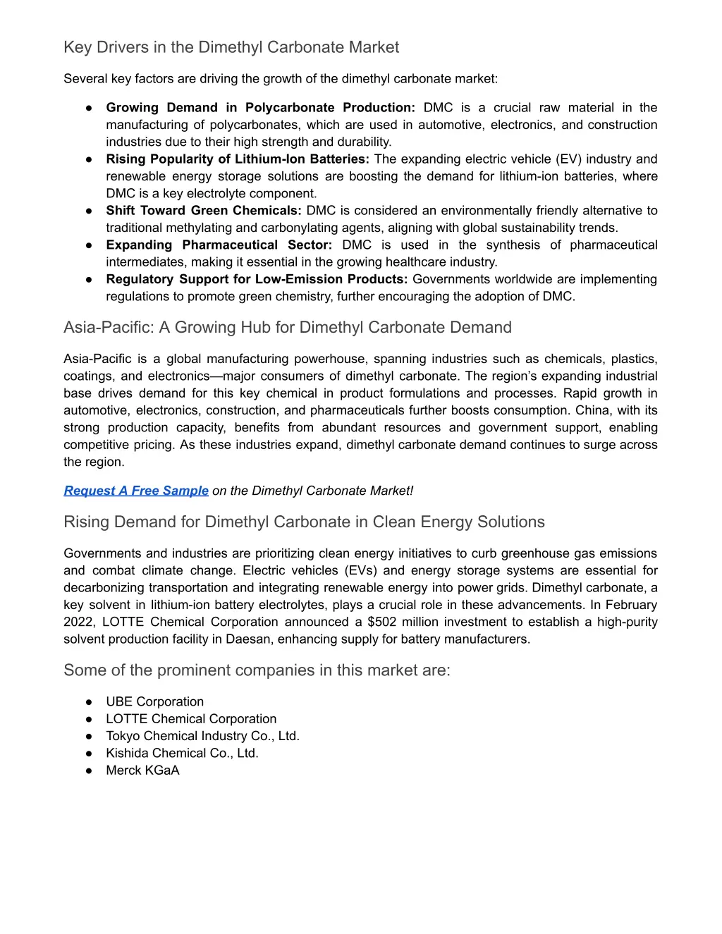 key drivers in the dimethyl carbonate market