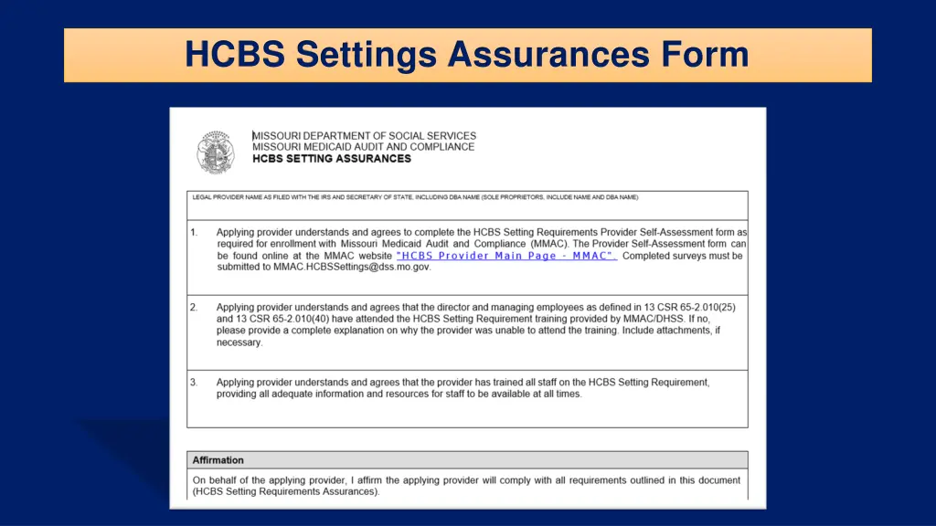 hcbs settings assurances form