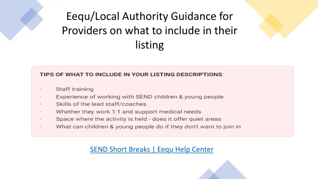 eequ local authority guidance for providers