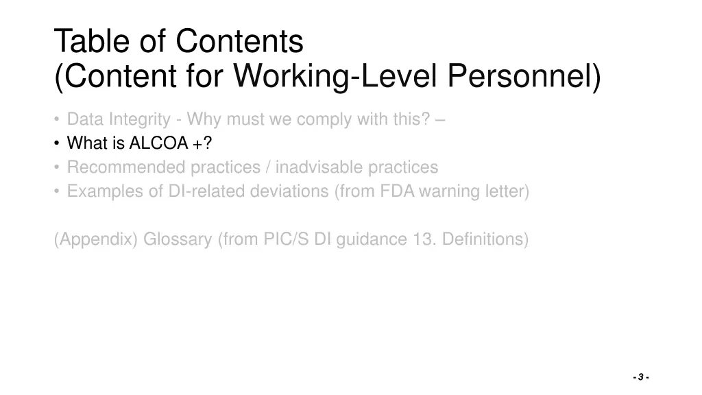 table of contents content for working level 1