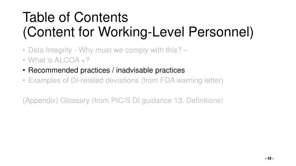 table of contents content for working level 2