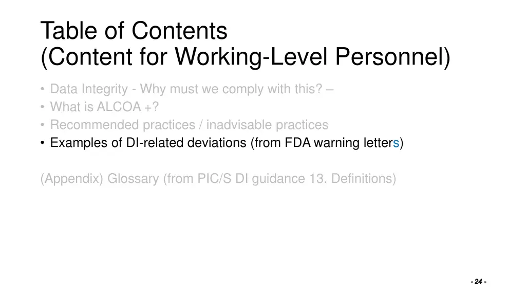 table of contents content for working level 3
