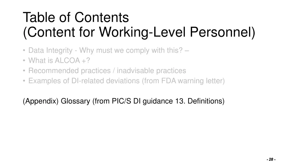 table of contents content for working level 4