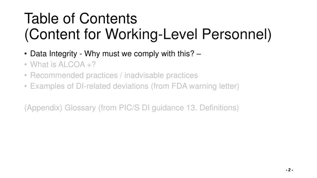 table of contents content for working level