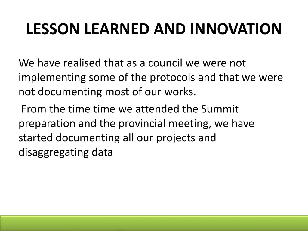 lesson learned and innovation