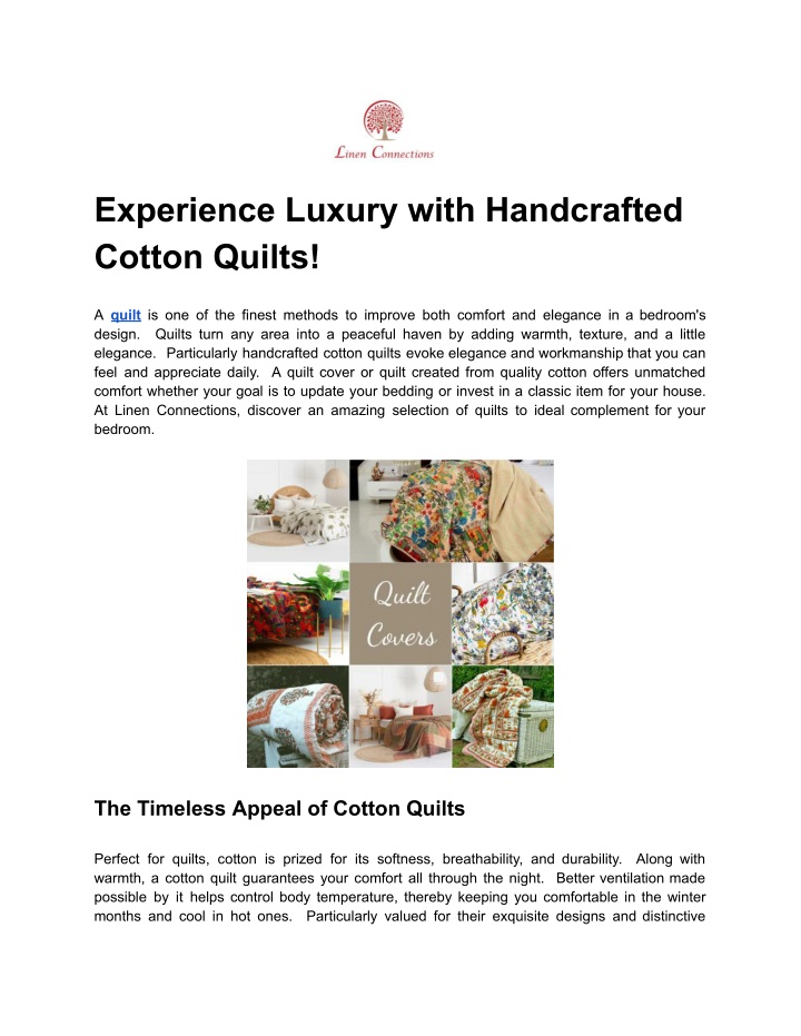 experience luxury with handcrafted cotton quilts
