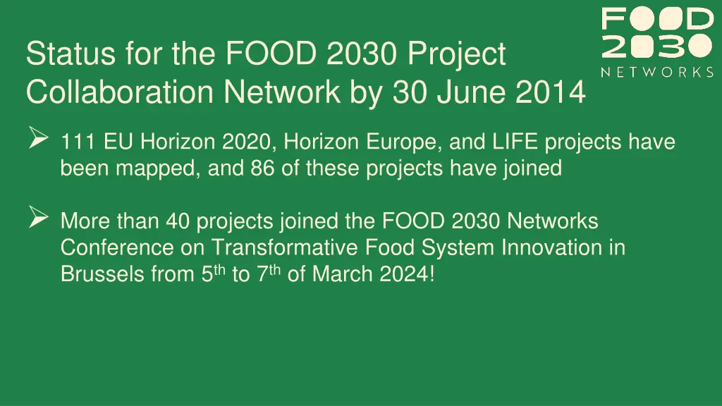 status for the food 2030 project collaboration