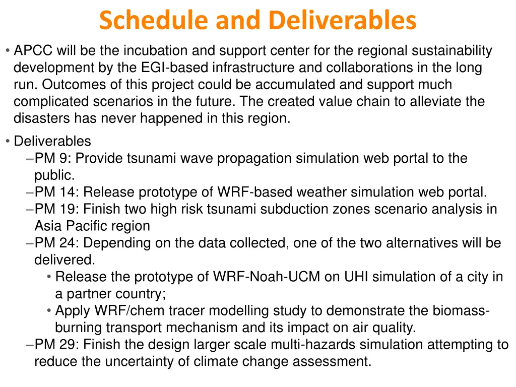 schedule and deliverables apcc will