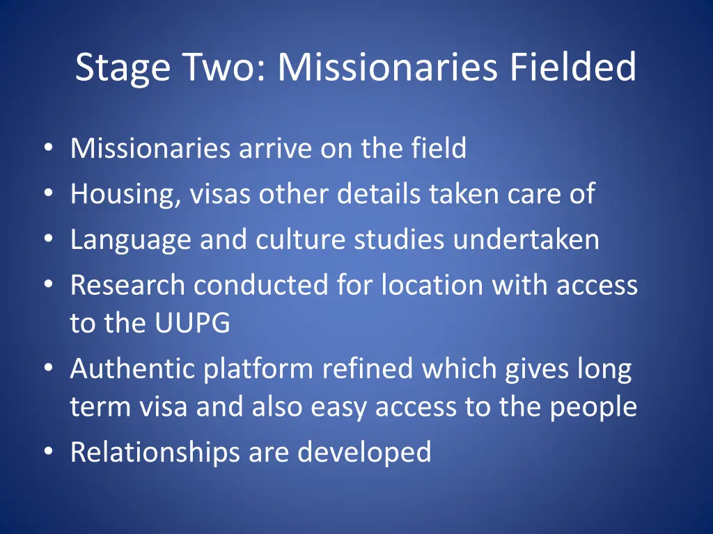 stage two missionaries fielded