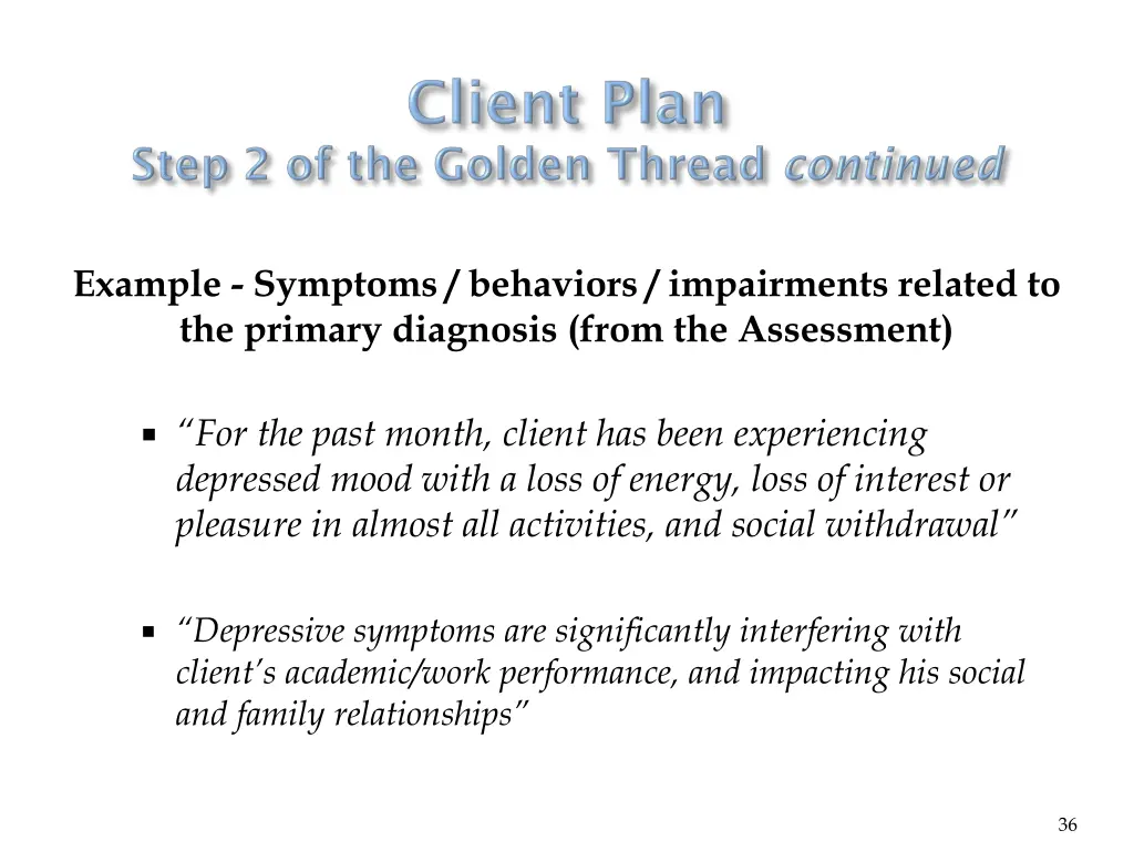 example symptoms behaviors impairments related