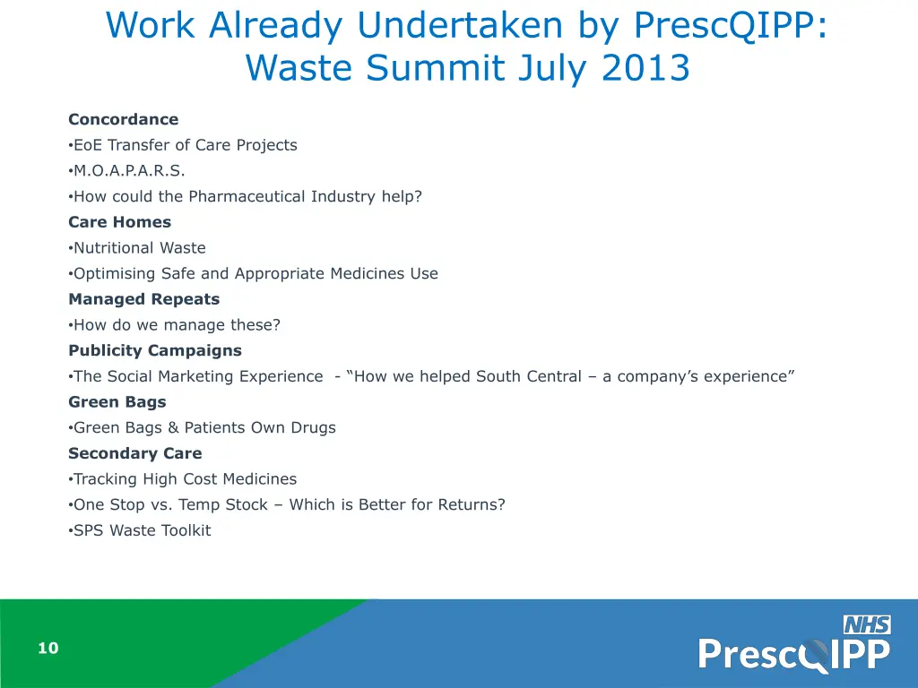 work already undertaken by prescqipp waste summit
