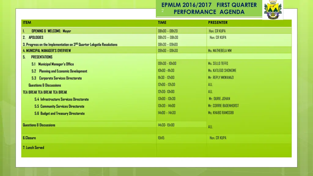 epmlm 2016 2017 first quarter performance agenda