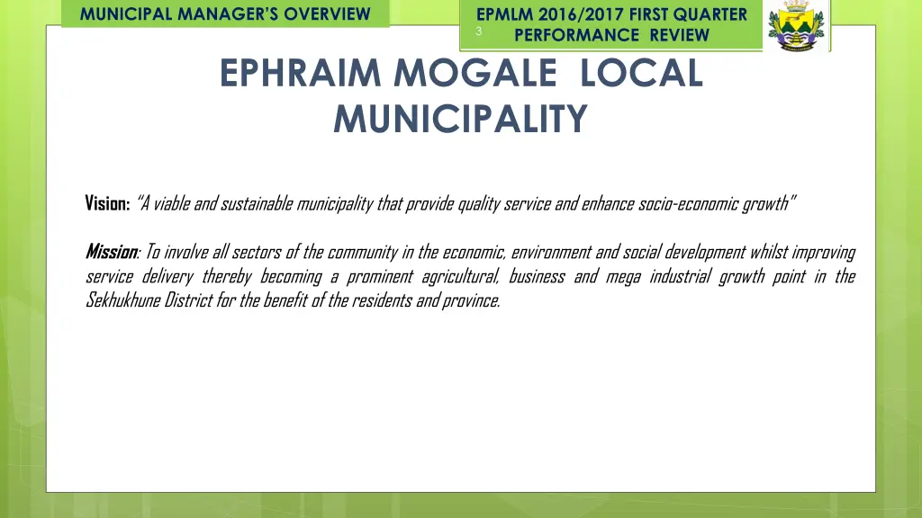 municipal manager s overview
