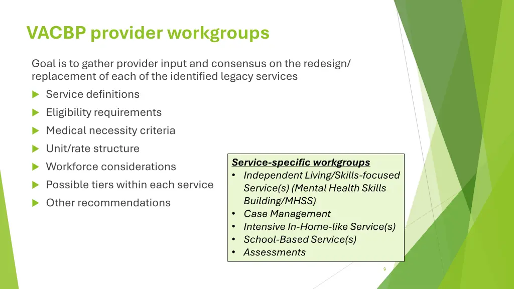 vacbp provider workgroups