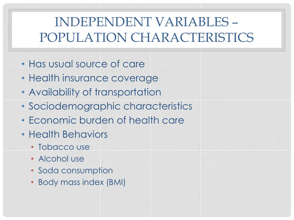 independent variables population characteristics