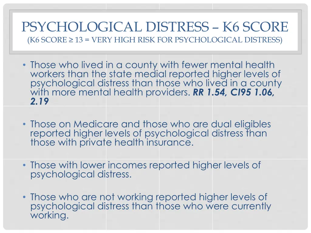 psychological distress k6 score k6 score 13 very