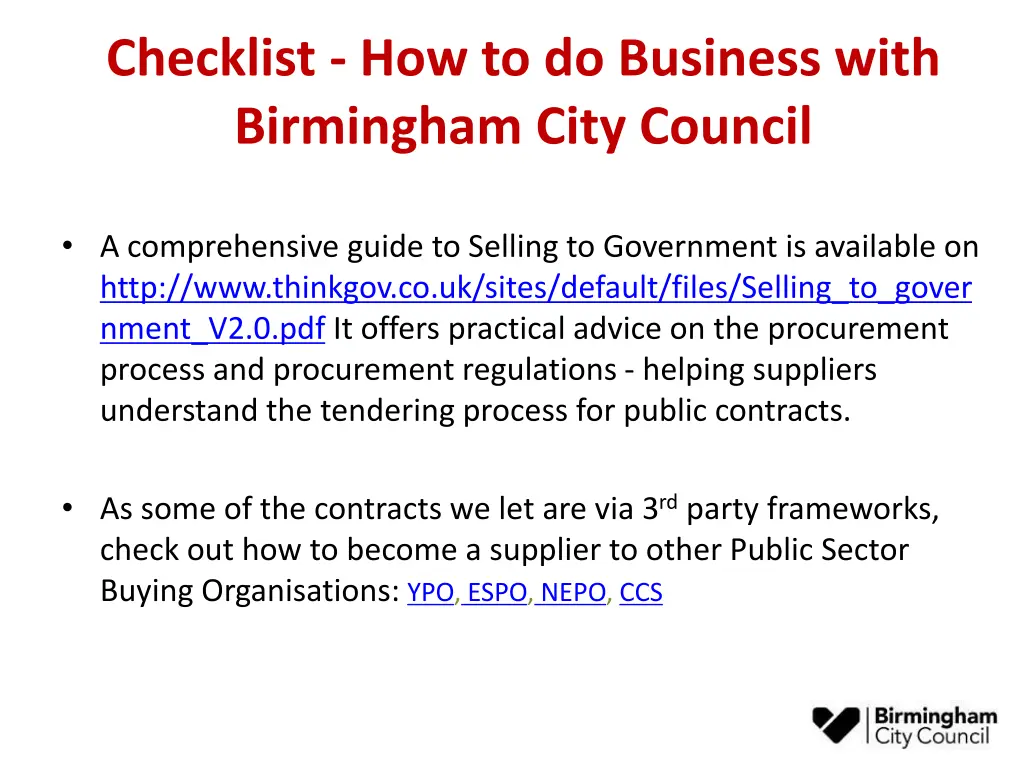 checklist how to do business with birmingham city