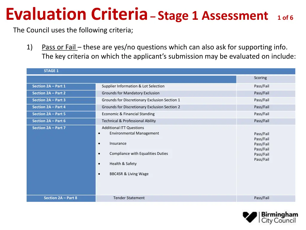 evaluation criteria stage 1 assessment