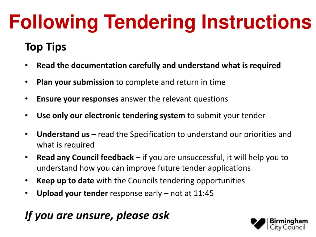 following tendering instructions