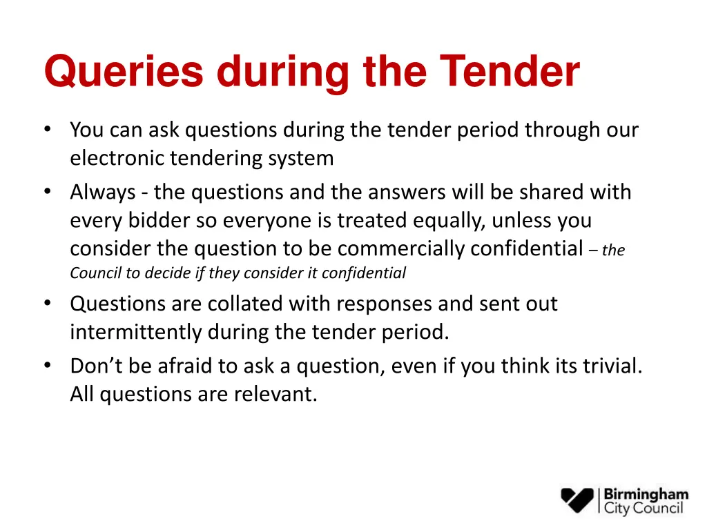 queries during the tender