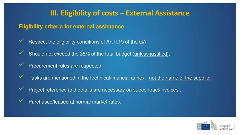 iii eligibility of costs external assistance