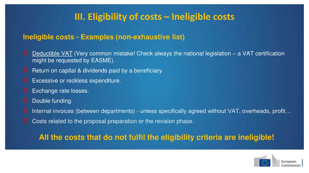 iii eligibility of costs ineligible costs