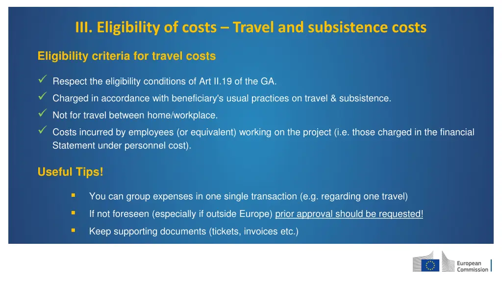 iii eligibility of costs travel and subsistence