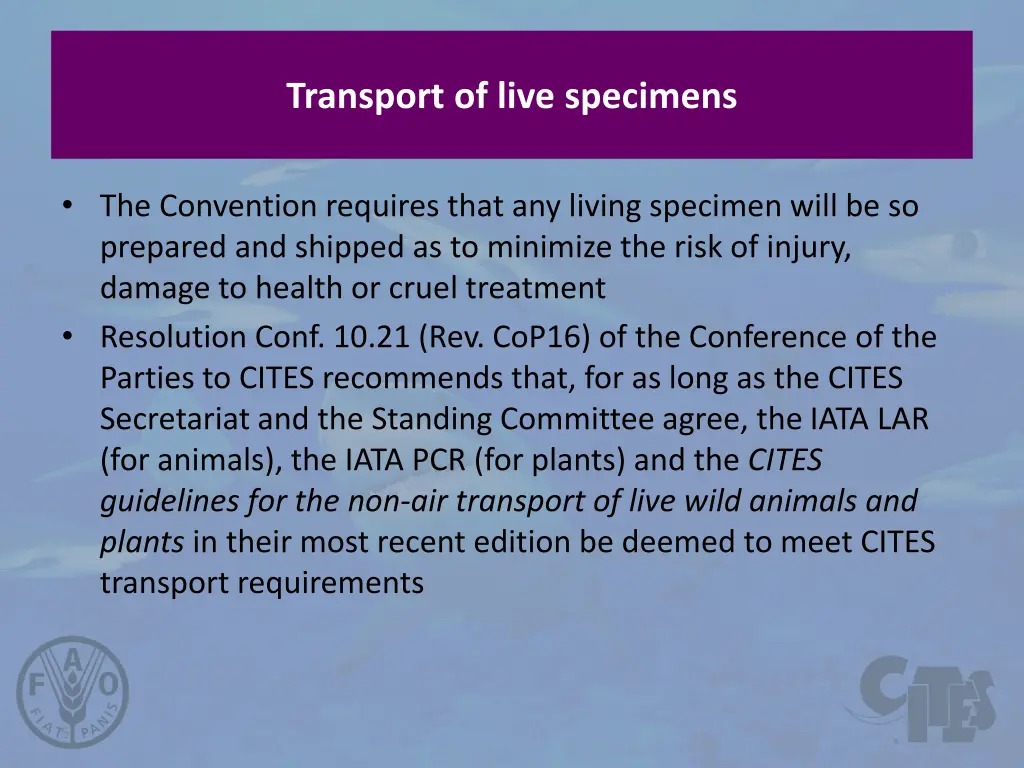 transport of live specimens