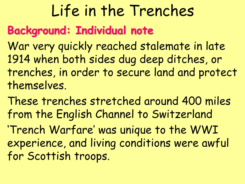 life in the trenches background individual note