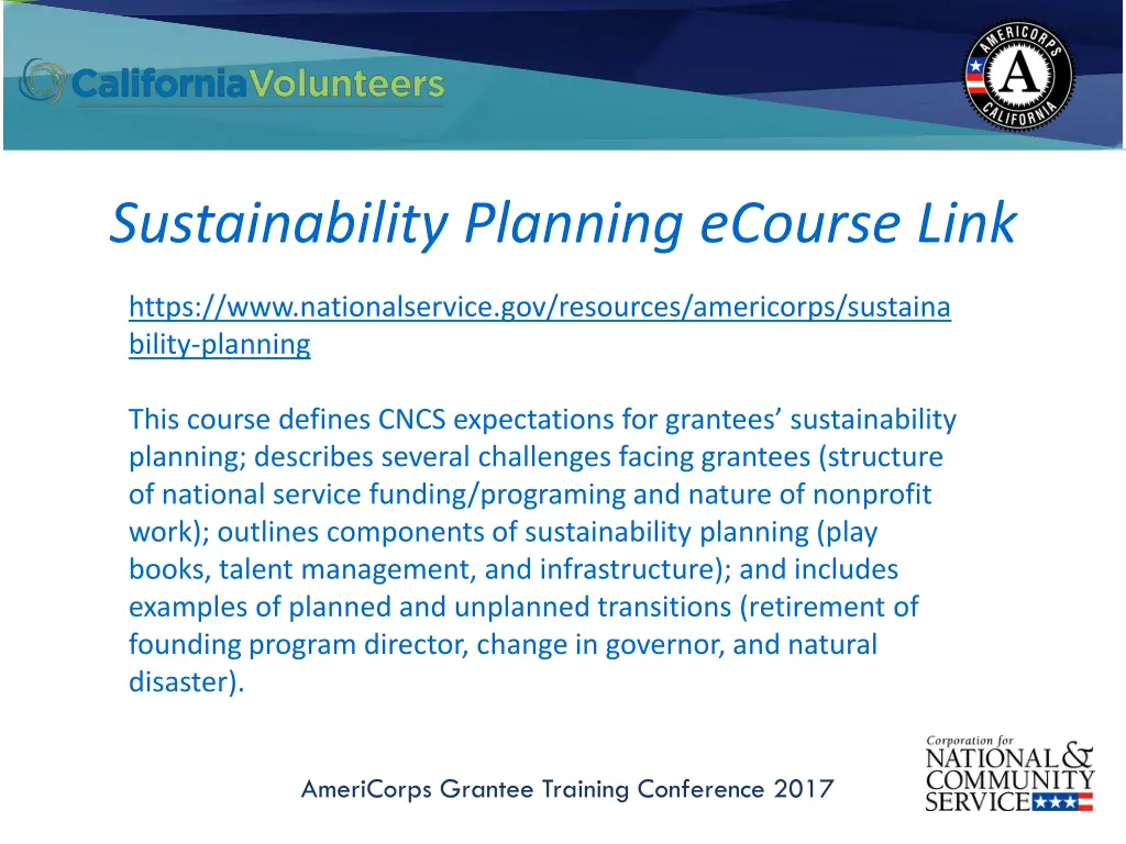 sustainability planning ecourse link