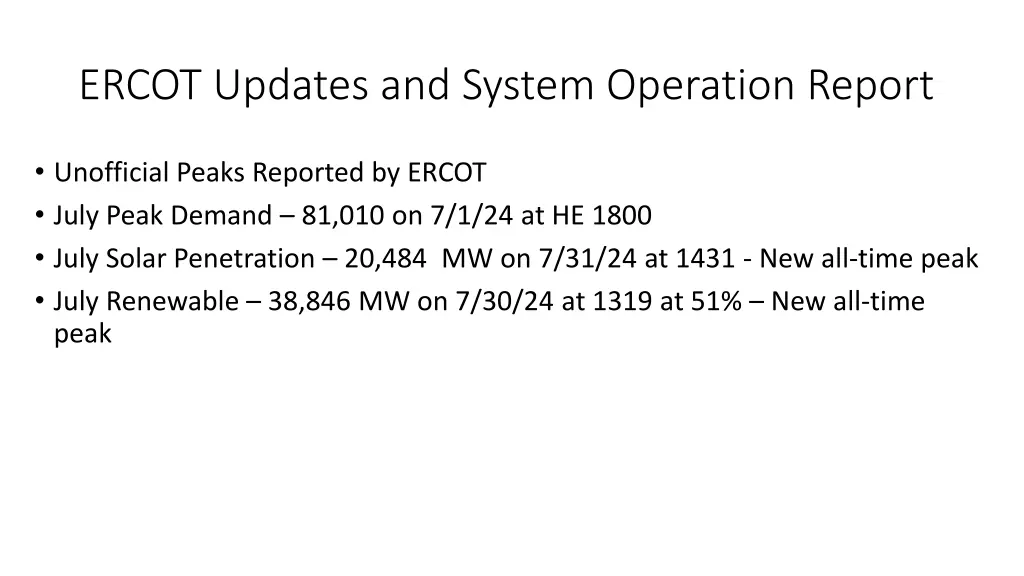 ercot updates and system operation report