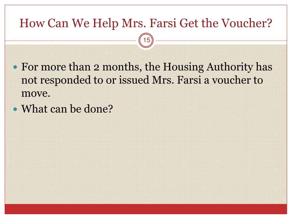 how can we help mrs farsi get the voucher 2