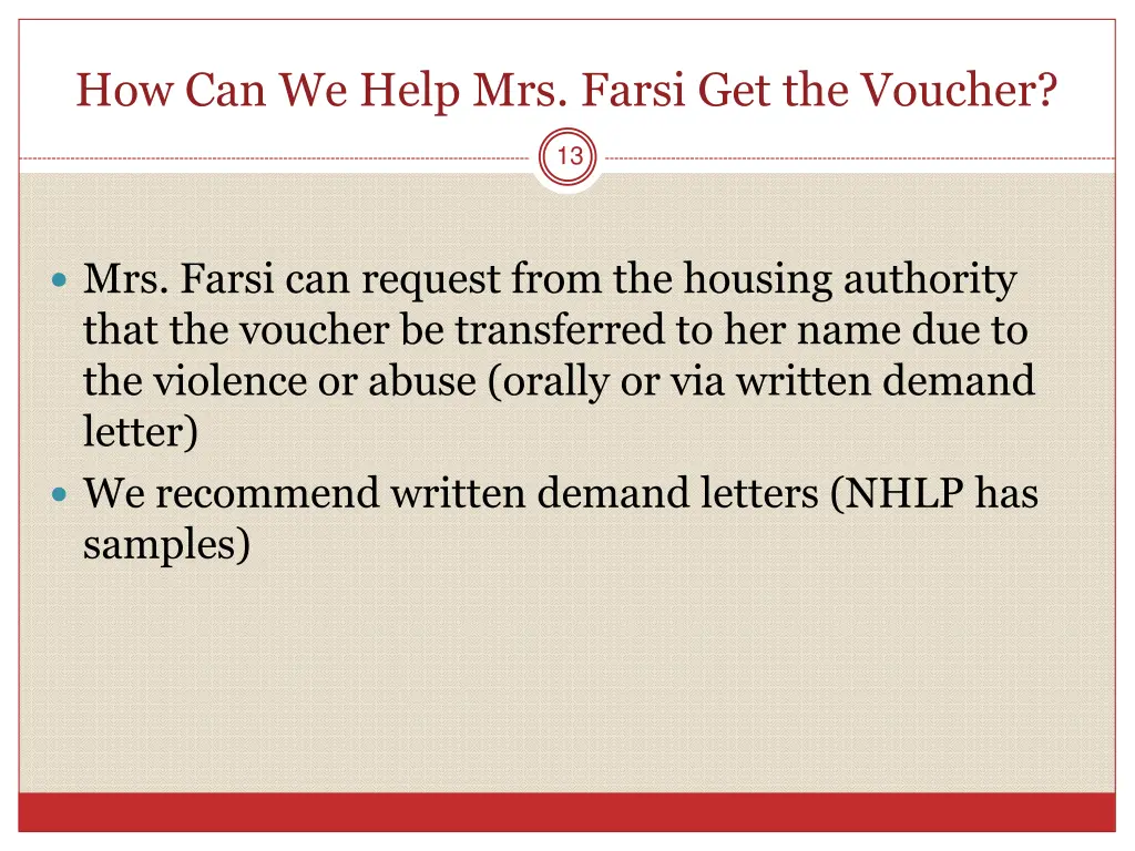 how can we help mrs farsi get the voucher