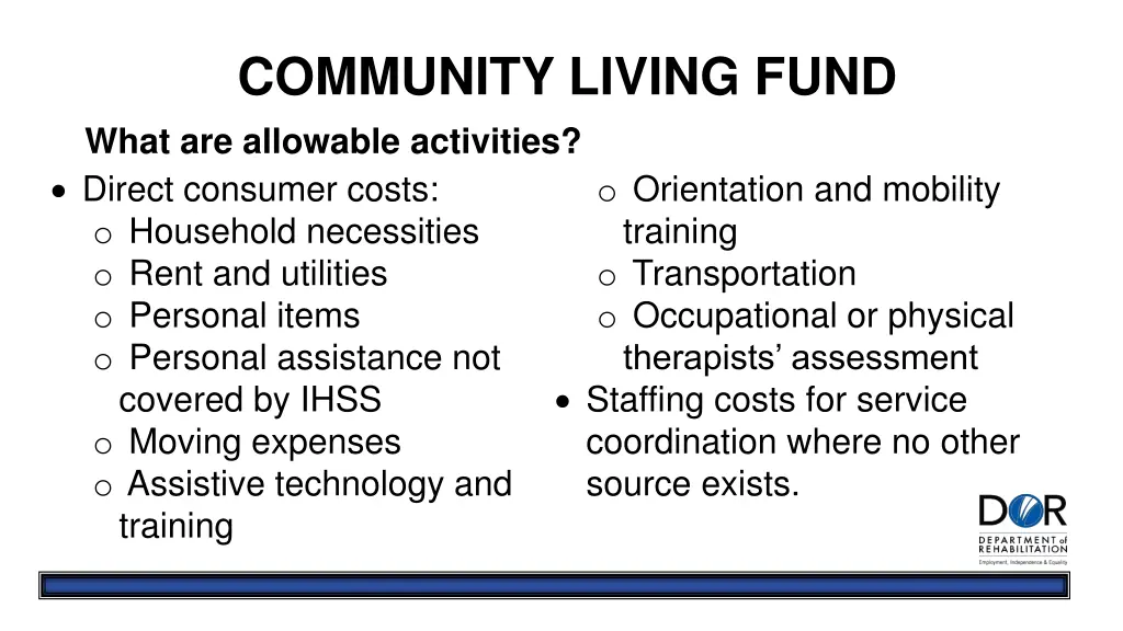 community living fund what are allowable