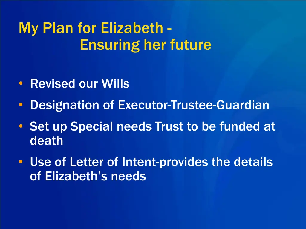 my plan for elizabeth ensuring her future