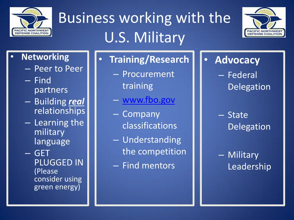 business working with the u s military networking