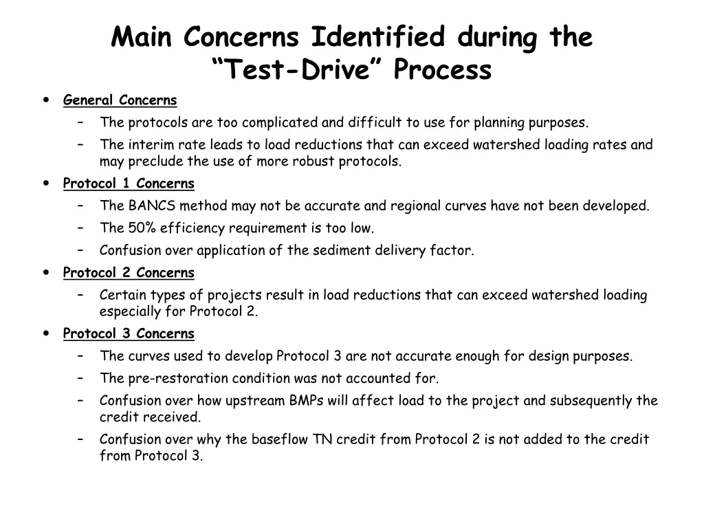 main concerns identified during the test drive