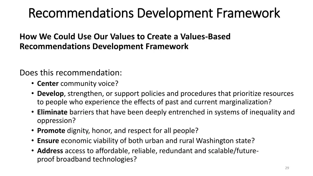 recommendations development framework