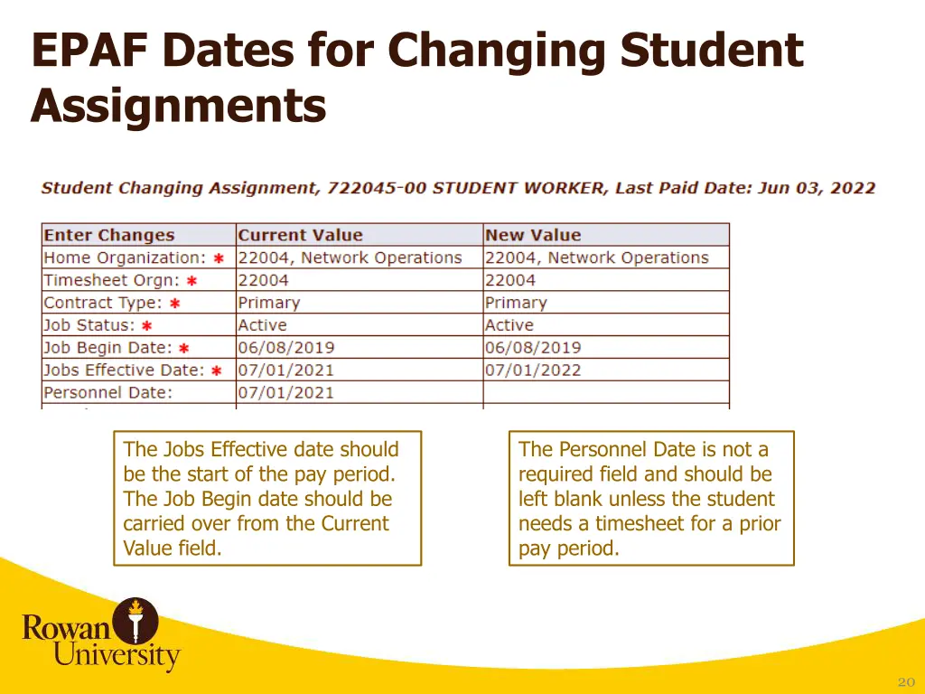 epaf dates for changing student assignments