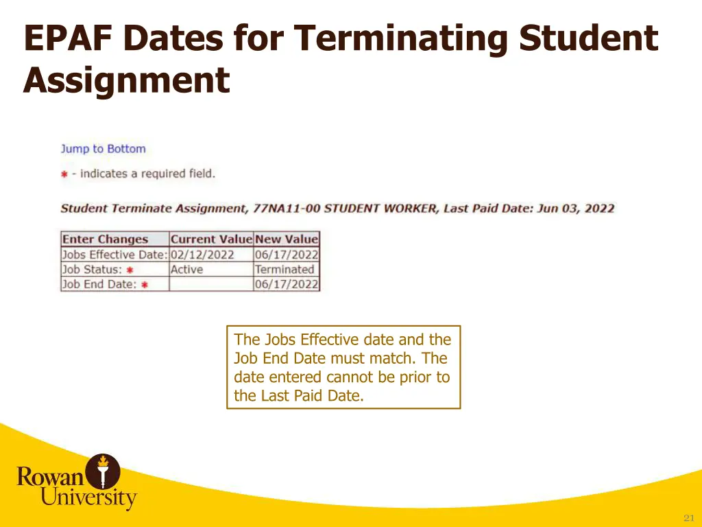 epaf dates for terminating student assignment
